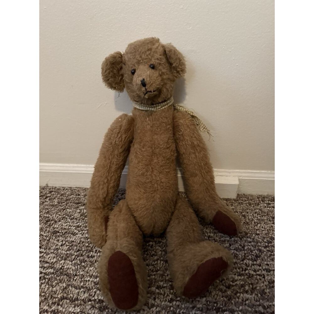 Antique Mohair Teddy Bear Early 1900s Glass Eyes Felt Paws Primitive